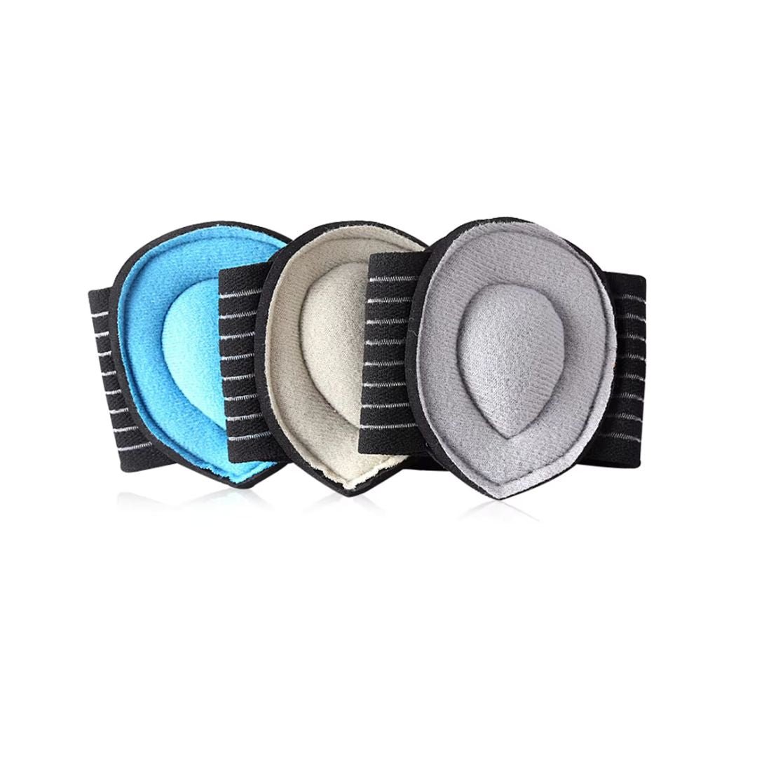 Arch support half insoles in blue, gray and beige, tucked under the arch inside a shoe