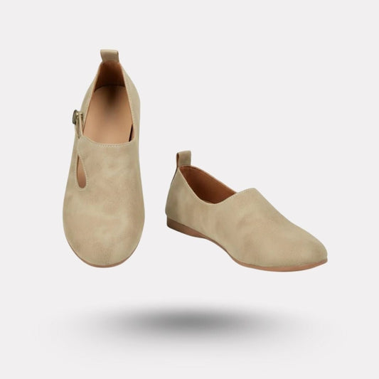 Slip-on orthopedic shoes with a soft rounded toe box, in khaki, caramel and black