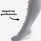 Two-tone 20-30 mmHg compression socks worn up the calf, in black, pink, blue and light blue