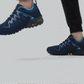 Men's orthopedic walking shoes with a thick sole, in black and red, blue, and gray and orange