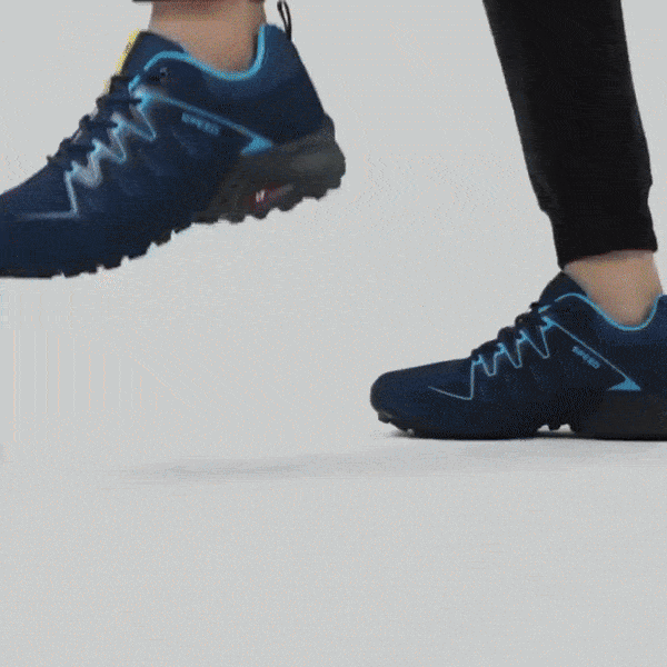 Men's orthopedic walking shoes with a thick sole, in black and red, blue, and gray and orange