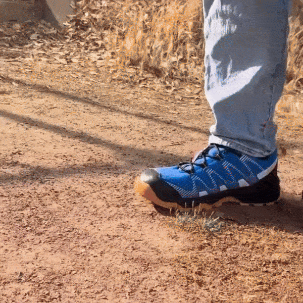 Orthopedic walking shoes with a thick cushioned sole, in blue, black and gray colorways