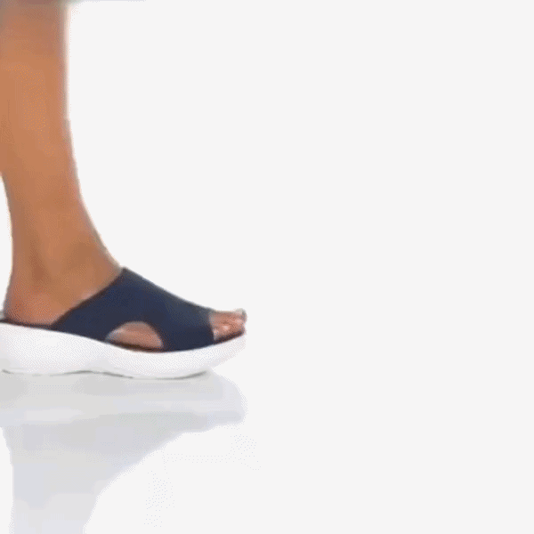 Blue, gray and pink wedge sandals with a supportive contoured footbed and raised heel