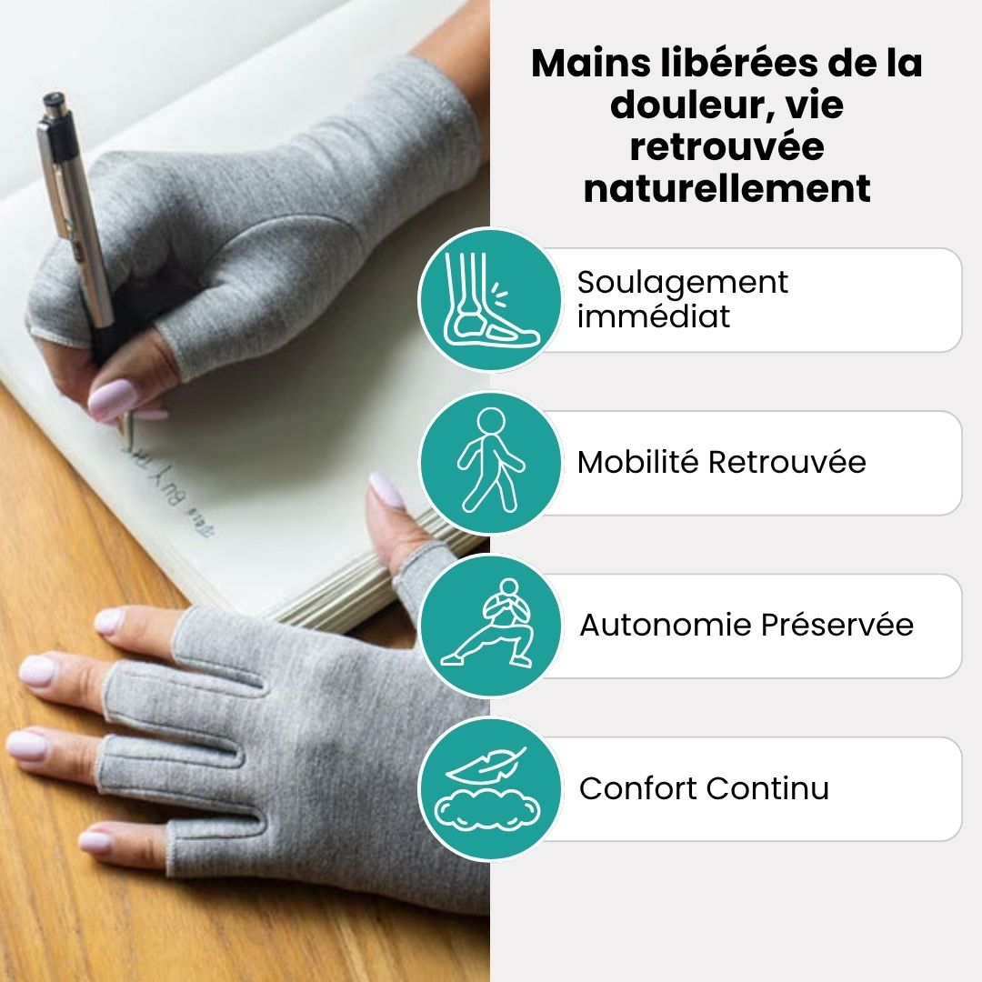 Fingerless compression gloves worn over the hands for arthritis relief