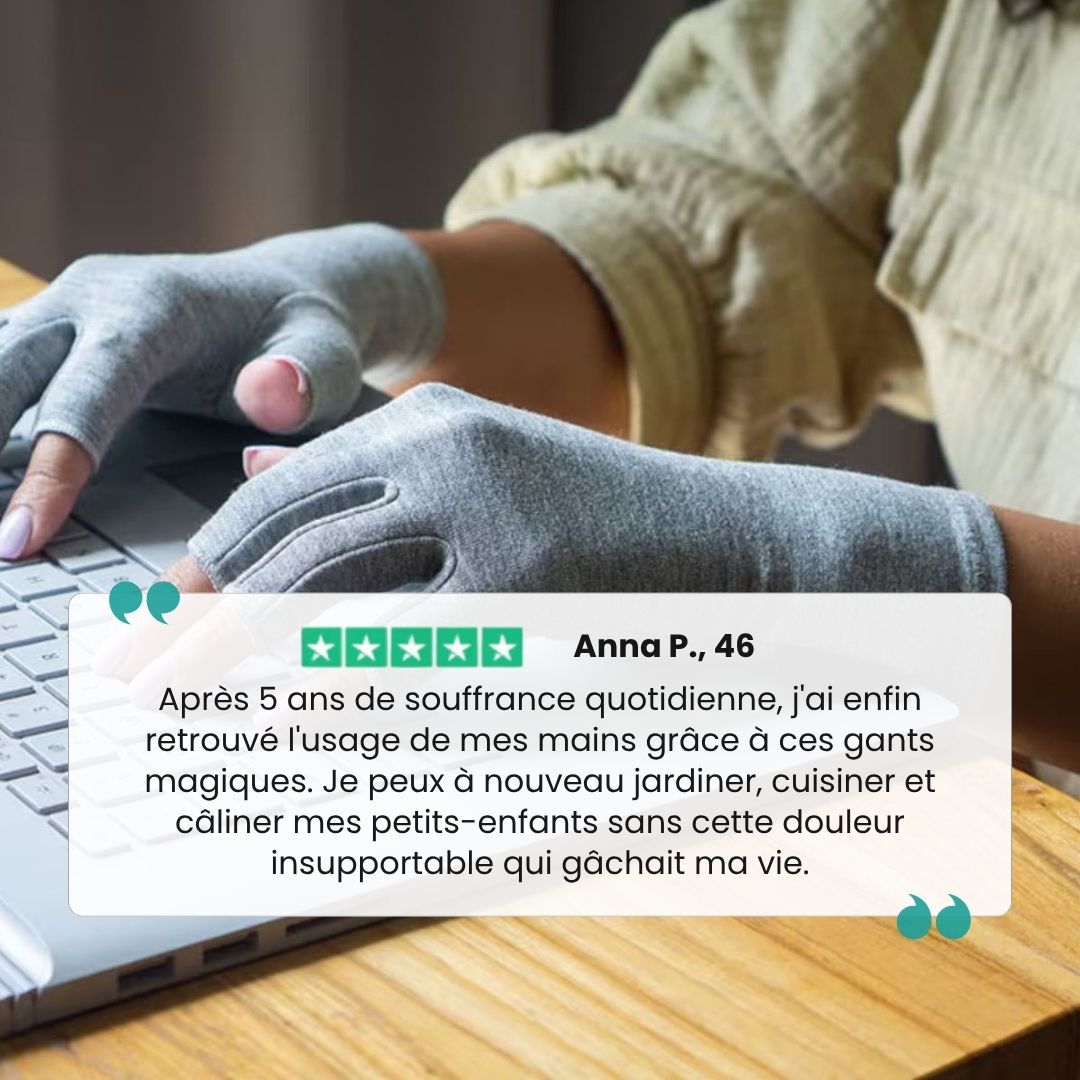 Fingerless compression gloves worn over the hands for arthritis relief