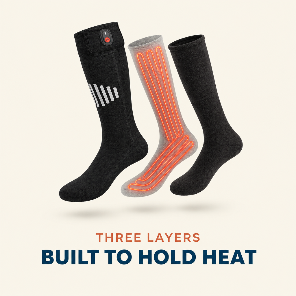 Exploded view of the three layers of the heated sock