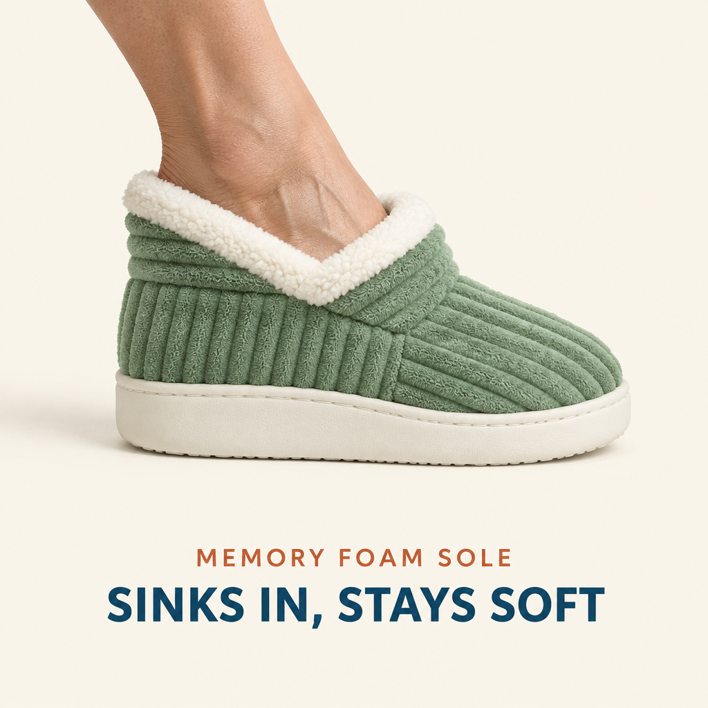 Memory foam sole, side view of a foot slipping into the slipper