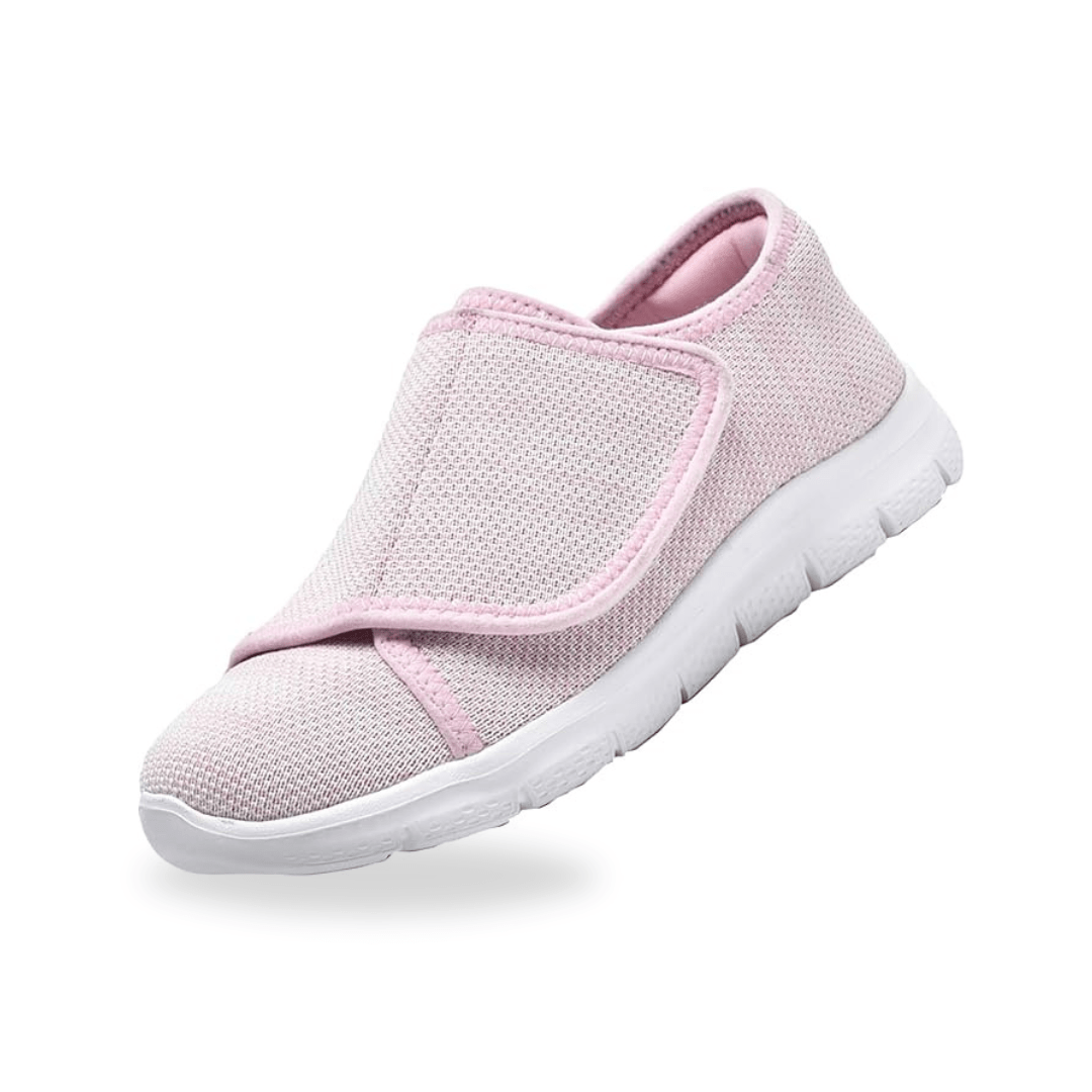 Lightweight orthopedic shoes with adjustable straps over the instep, in pink, black, gray and beige