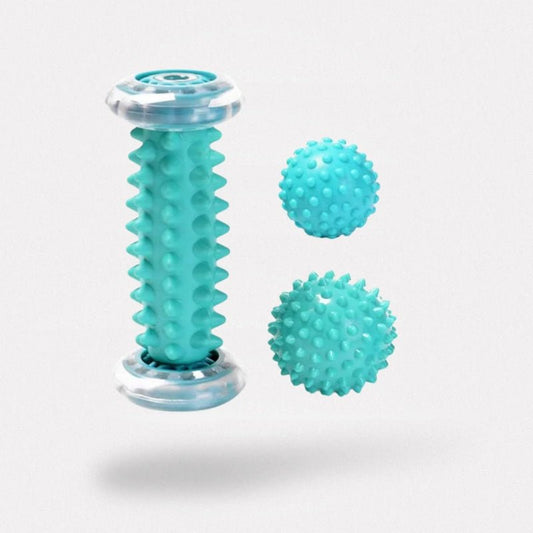 Foot massage kit with ergonomic rollers and balls used under the sole of the foot