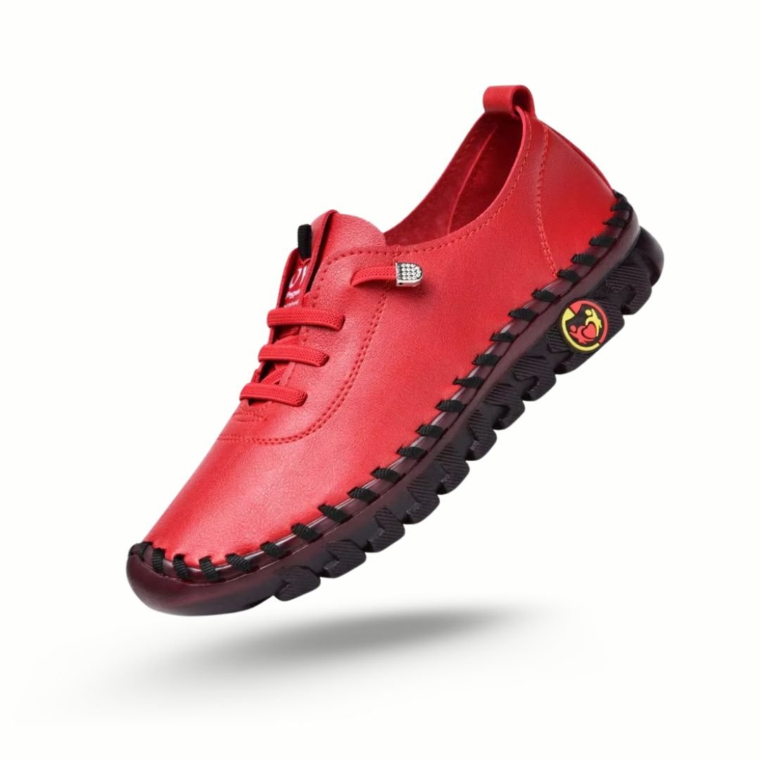 Orthopedic loafers with a slip-on upper and cushioned sole, in black, brown, white and red