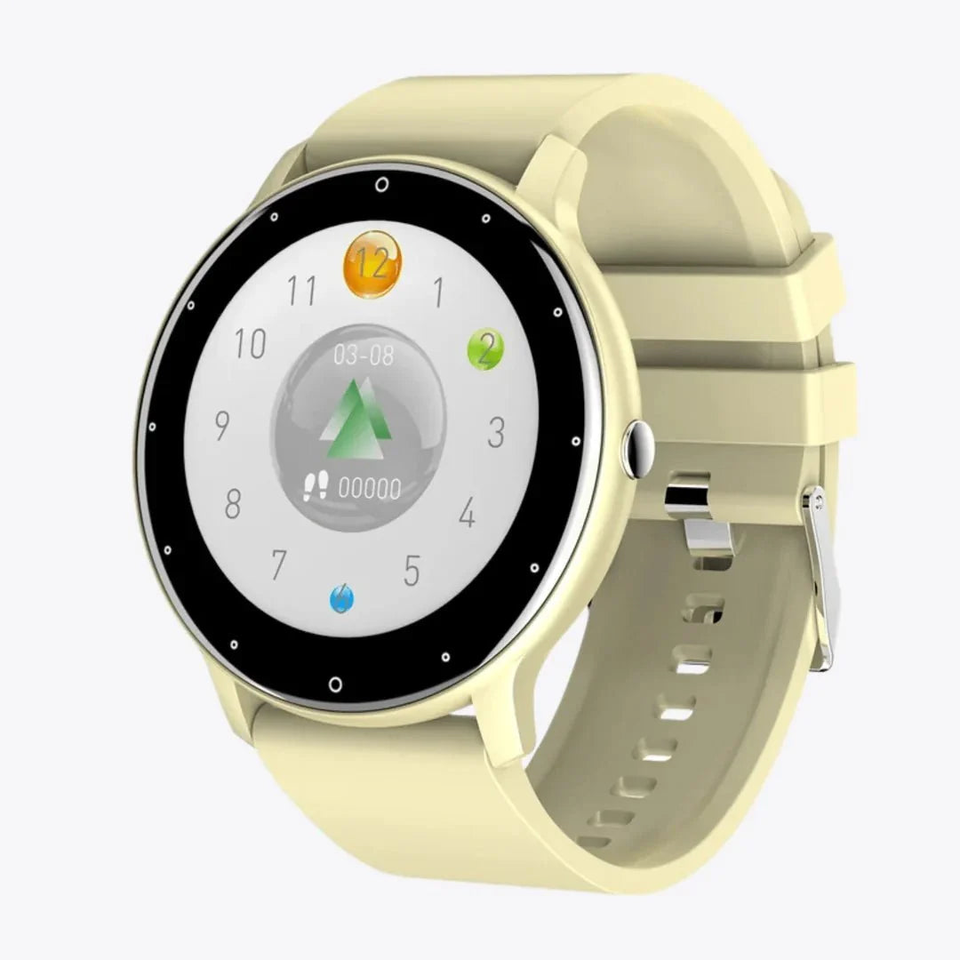 Fitness smartwatch with a square touchscreen and a silicone band worn on the wrist