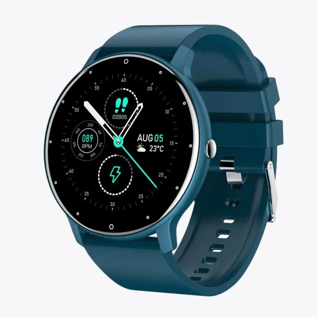 Fitness smartwatch with a square touchscreen and a silicone band worn on the wrist