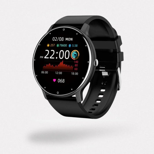 Fitness smartwatch with a square touchscreen and a silicone band worn on the wrist