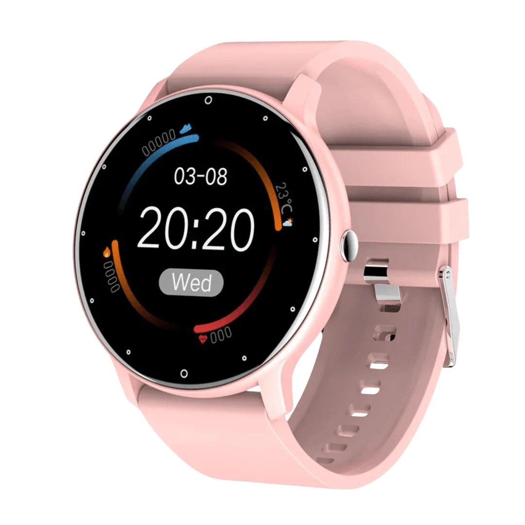 Fitness smartwatch with a square touchscreen and a silicone band worn on the wrist