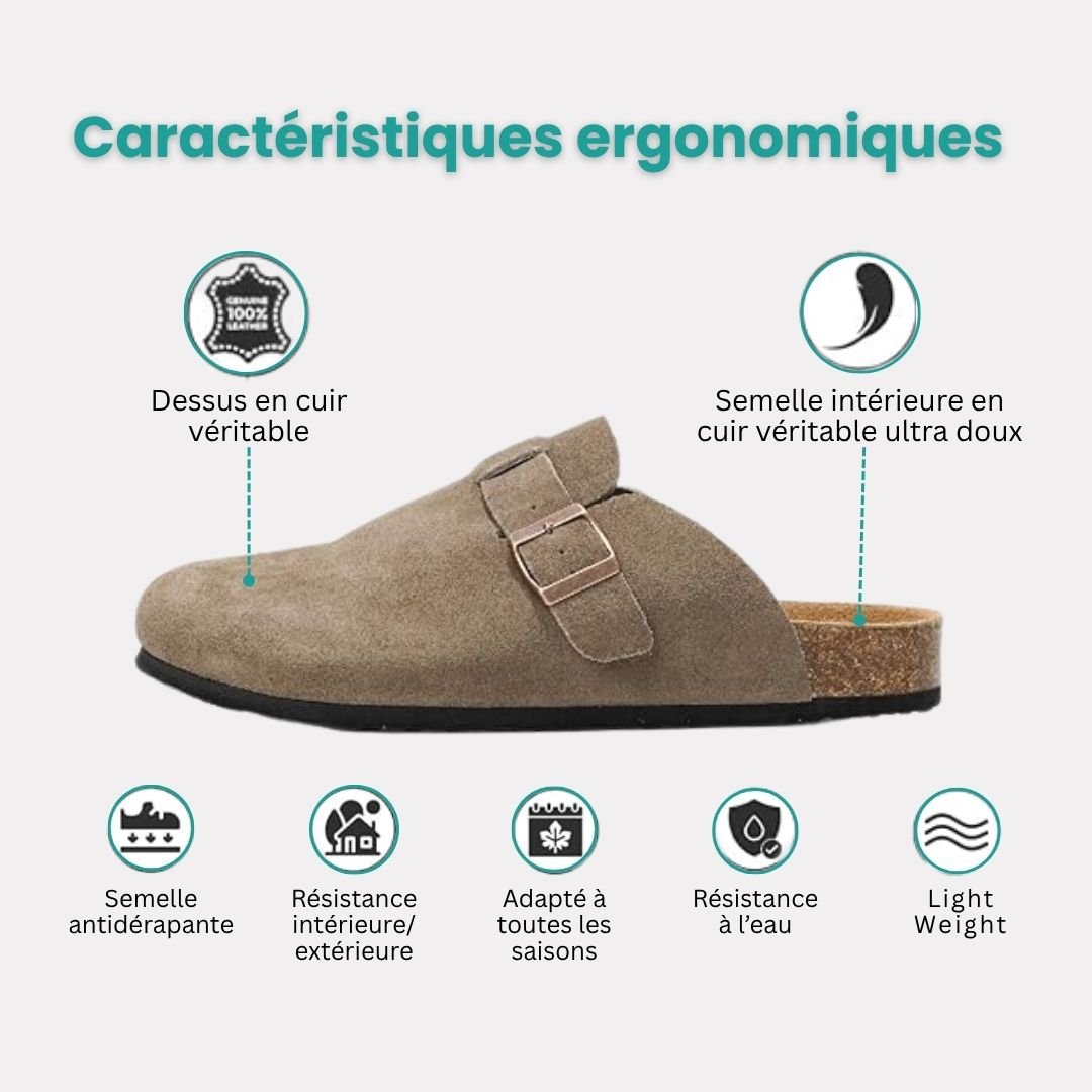 Suede leather mules open at the heel on a cork and leather sole, in taupe, black and navy