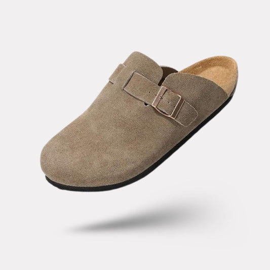 Suede leather mules open at the heel on a cork and leather sole, in taupe, black and navy