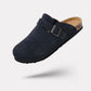 Suede leather mules open at the heel on a cork and leather sole, in taupe, black and navy