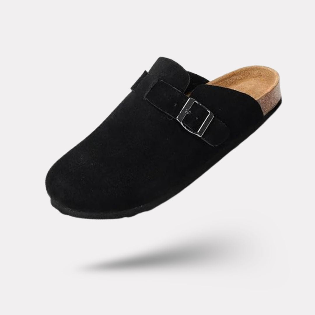 Suede leather mules open at the heel on a cork and leather sole, in taupe, black and navy