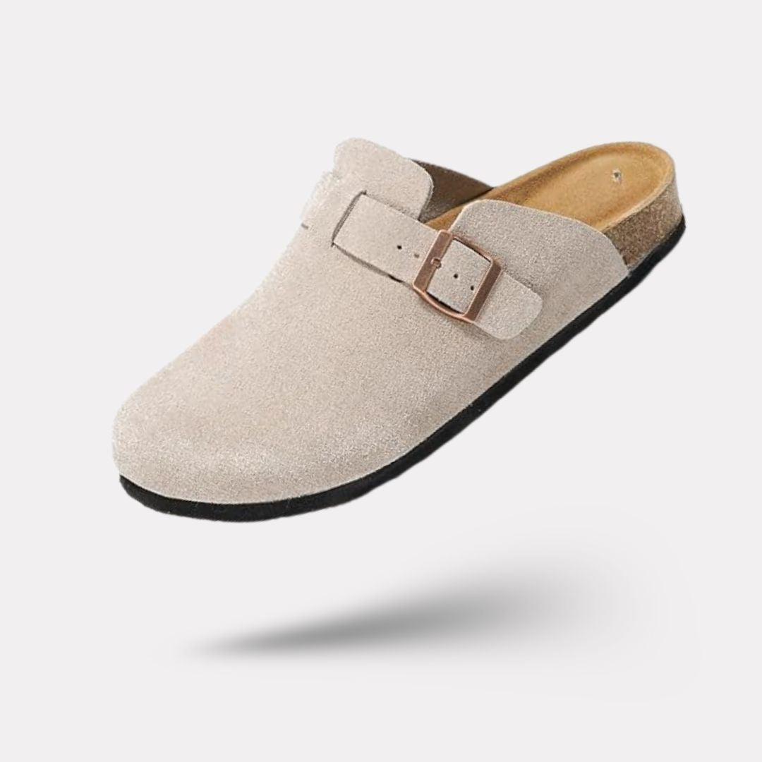 Suede leather mules open at the heel on a cork and leather sole, in taupe, black and navy