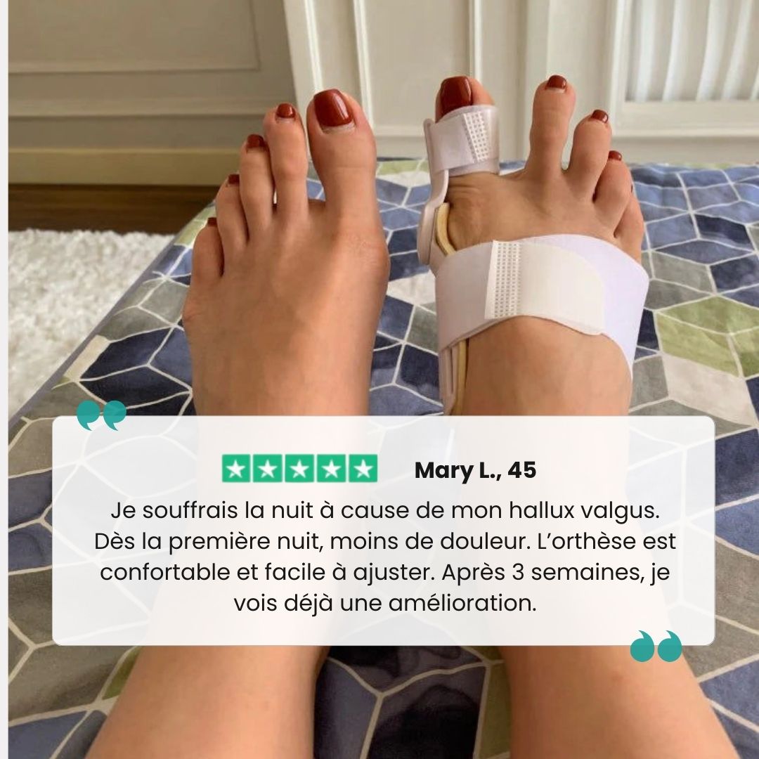 Rigid adjustable splint strapped around the foot to realign the big toe overnight