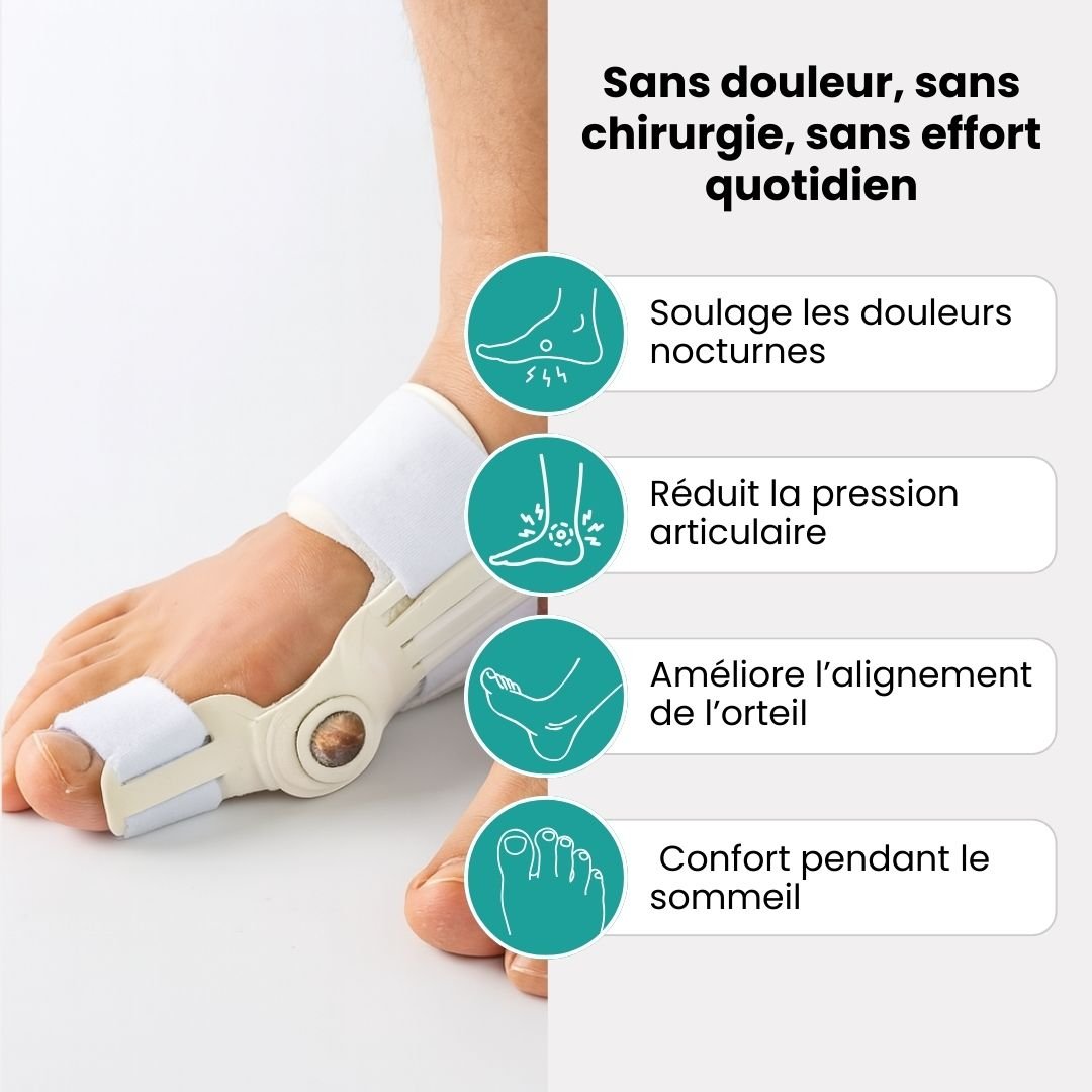Rigid adjustable splint strapped around the foot to realign the big toe overnight