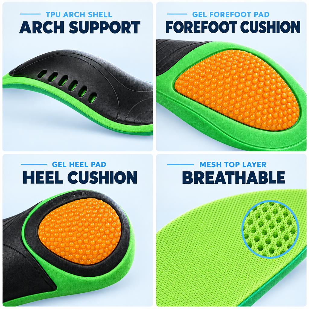 Arch support, forefoot cushion, heel cushion, breathable top