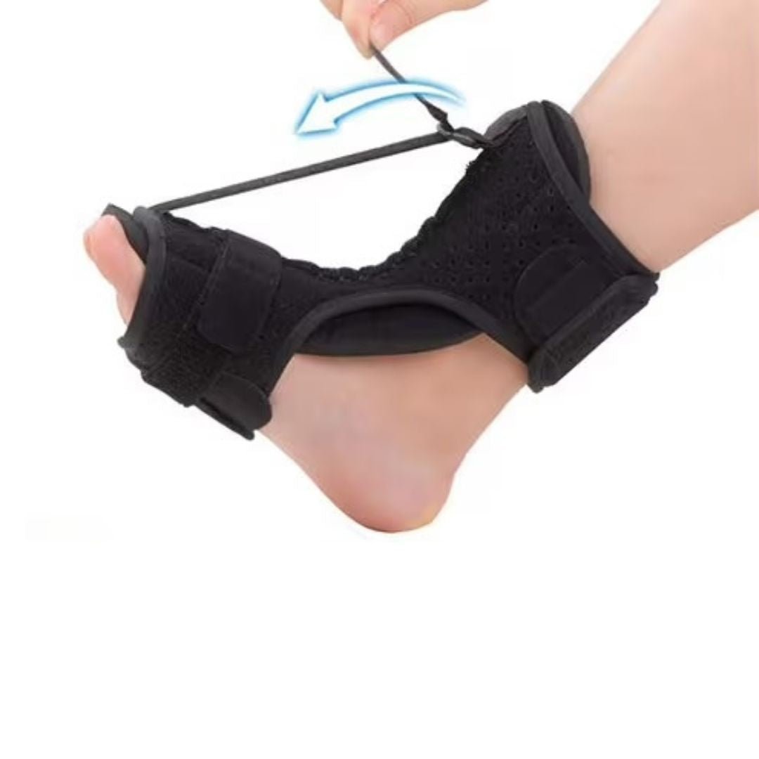 Adjustable night splint worn on the foot and calf to stretch the plantar fascia during sleep