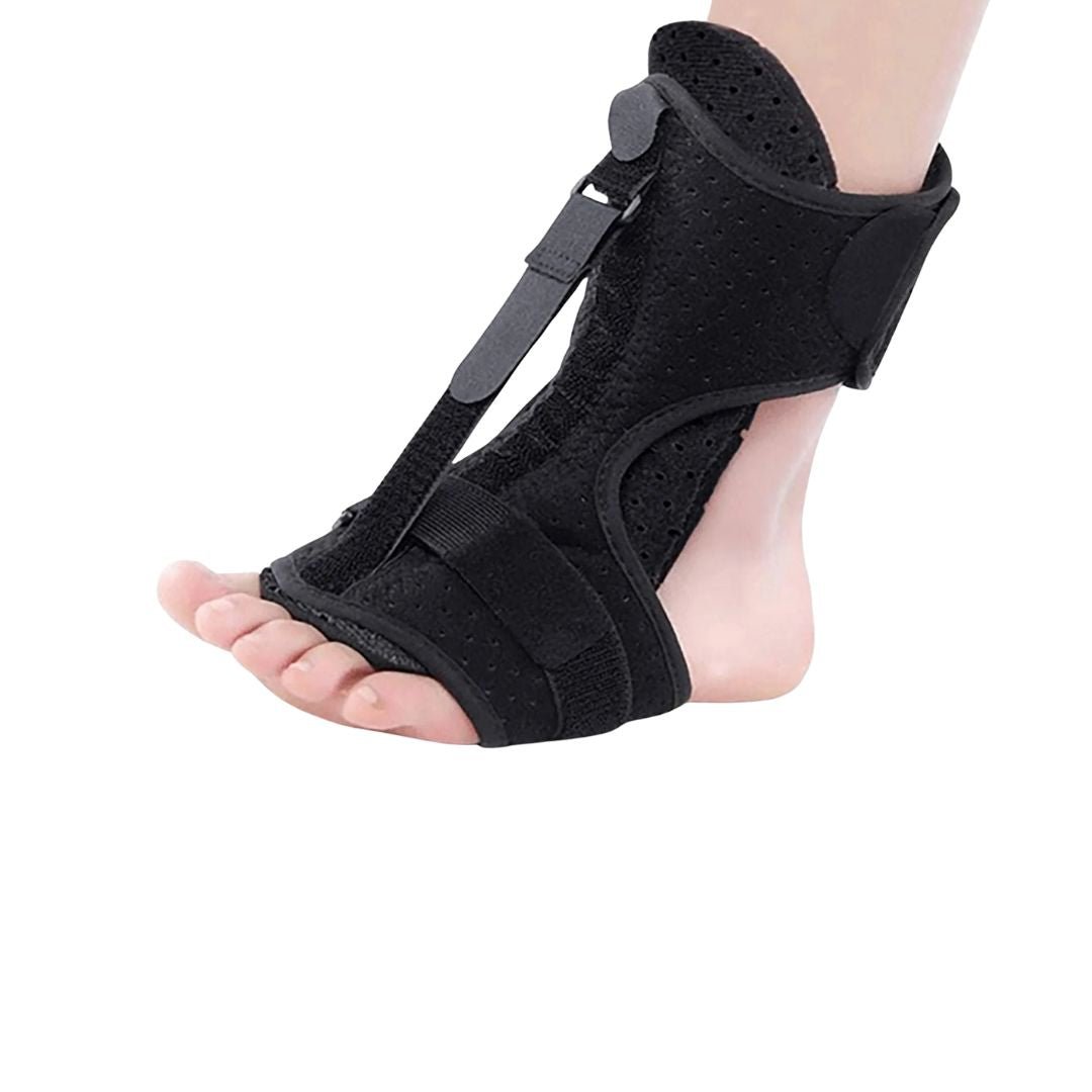 Adjustable night splint worn on the foot and calf to stretch the plantar fascia during sleep