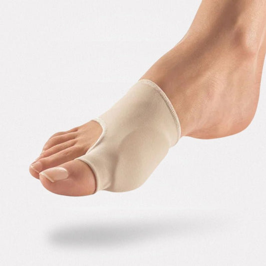 Soft bunion corrector worn over the big toe to hold it back in line