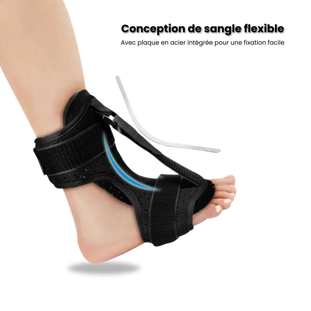 Adjustable night splint worn on the foot and calf to stretch the plantar fascia during sleep