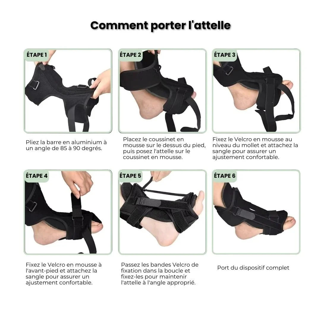 Adjustable night splint worn on the foot and calf to stretch the plantar fascia during sleep