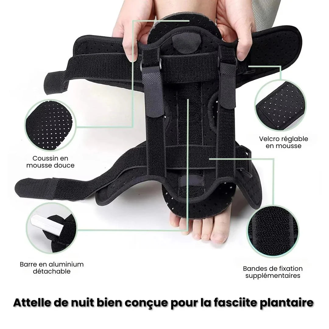Adjustable night splint worn on the foot and calf to stretch the plantar fascia during sleep