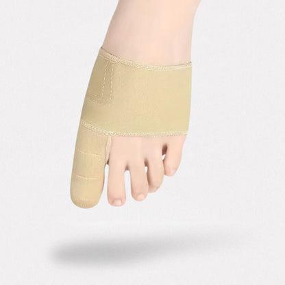 Hypoallergenic bunion corrector in nude or clear black, worn over the big toe joint