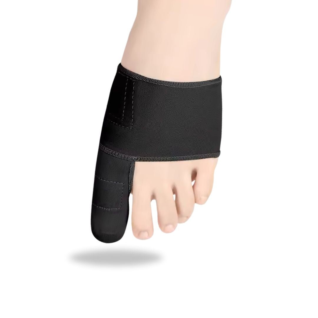 Hypoallergenic bunion corrector in nude or clear black, worn over the big toe joint