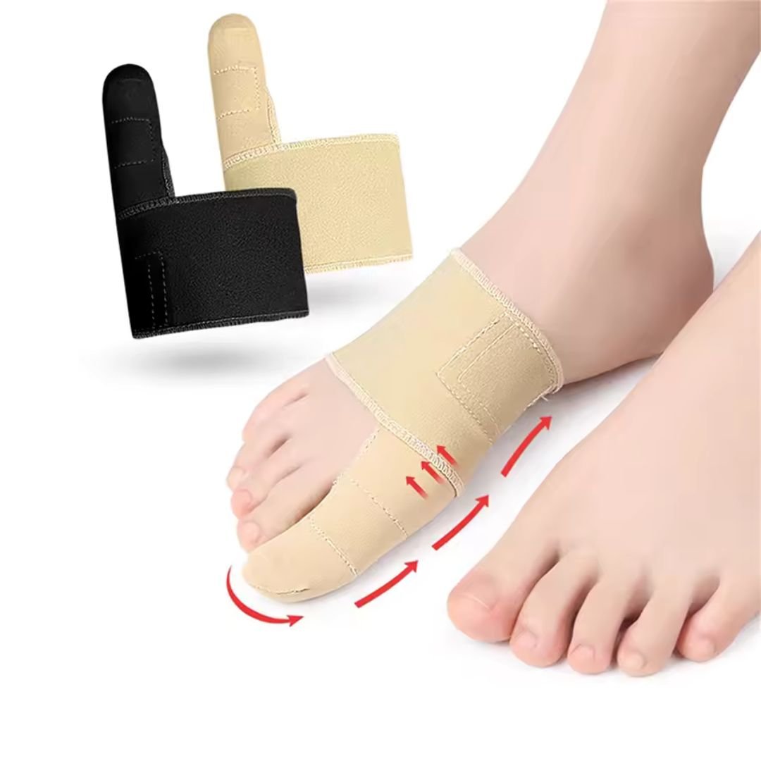 Hypoallergenic bunion corrector in nude or clear black, worn over the big toe joint