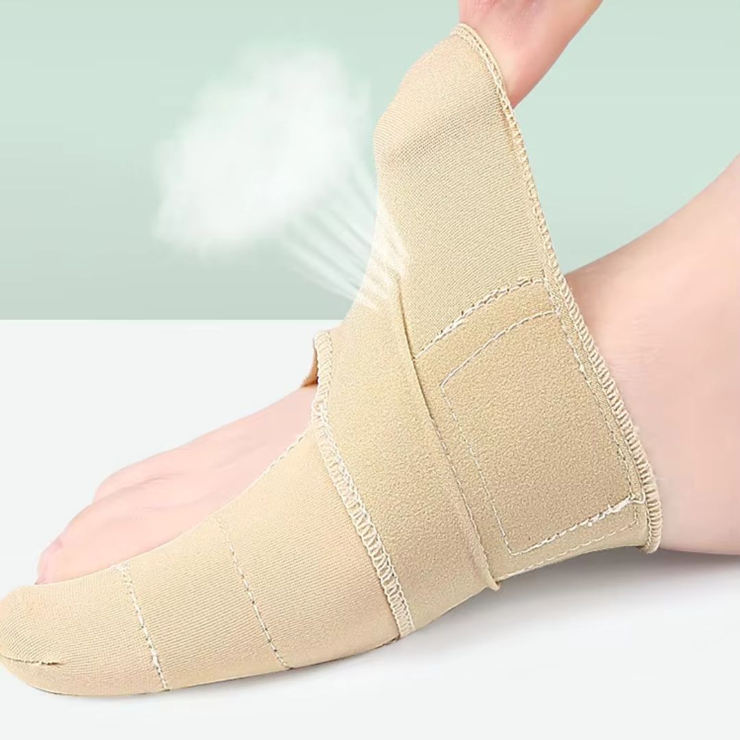 Hypoallergenic bunion corrector in nude or clear black, worn over the big toe joint