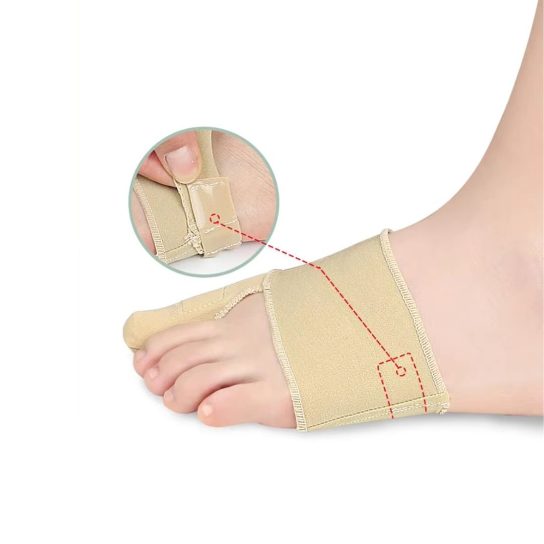 Hypoallergenic bunion corrector in nude or clear black, worn over the big toe joint
