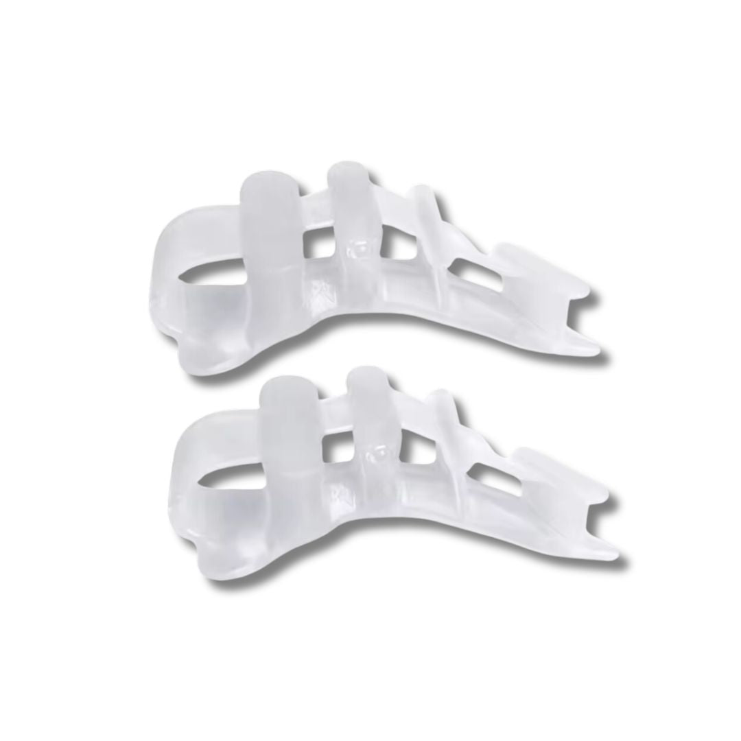 Toe straightener slipped under the claw toes to hold them flat