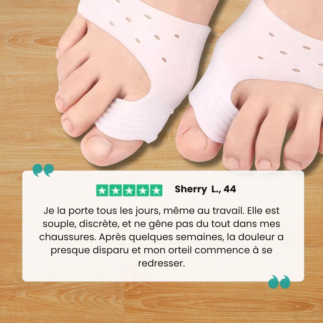 Soft discreet bunion corrector worn over the big toe joint inside a shoe