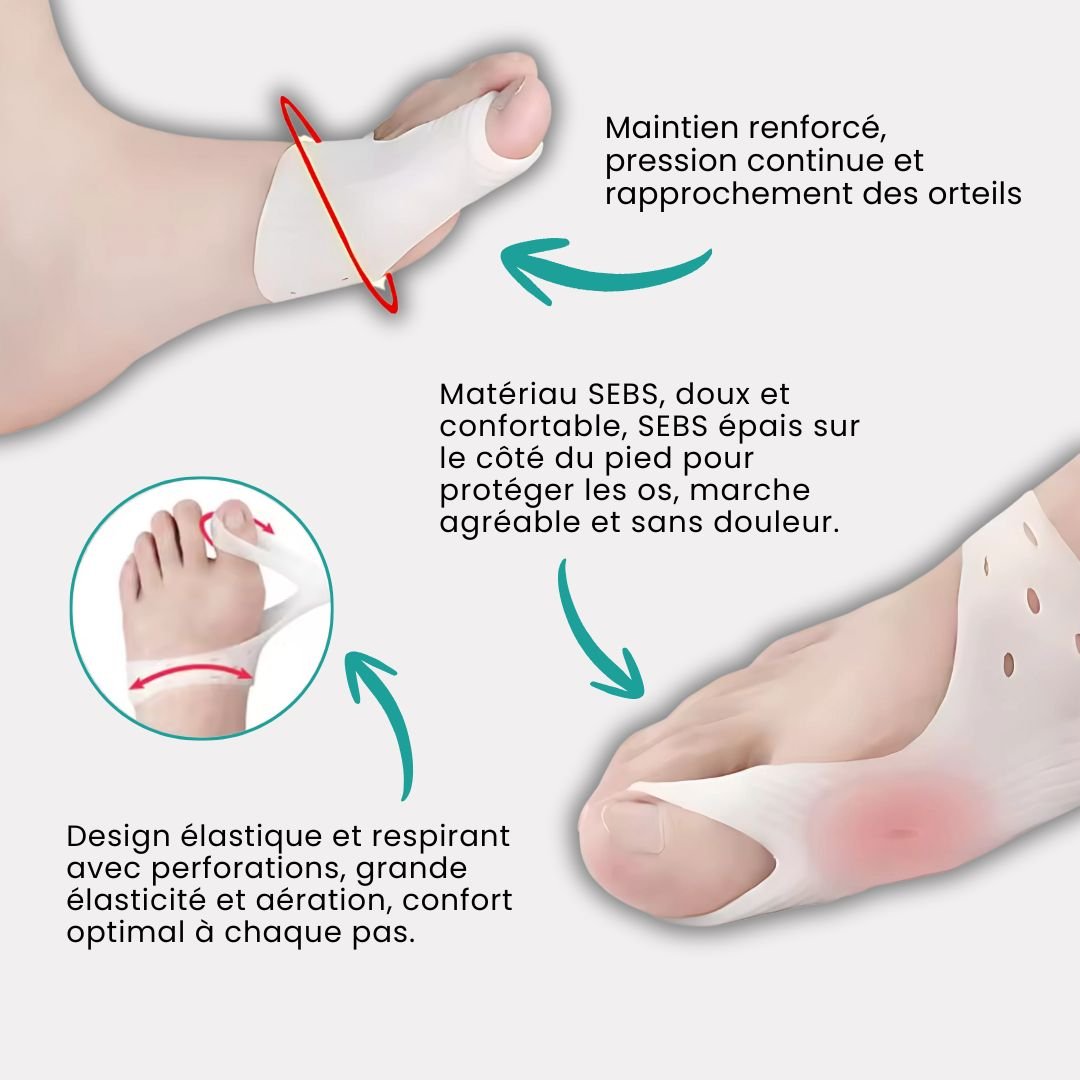 Soft discreet bunion corrector worn over the big toe joint inside a shoe