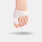 Soft discreet bunion corrector worn over the big toe joint inside a shoe