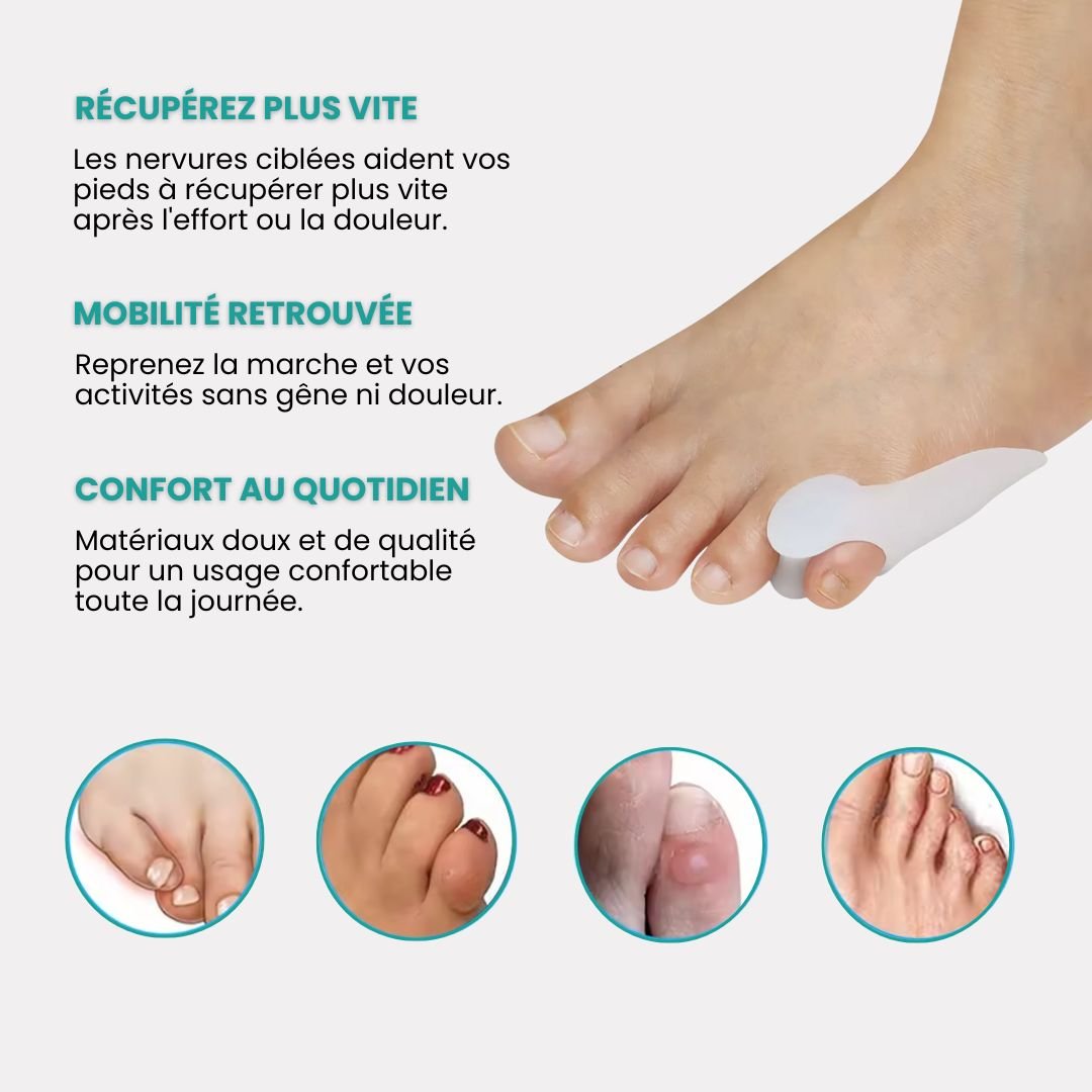 Soft silicone sleeve slipped over the little toe to cushion rubbing