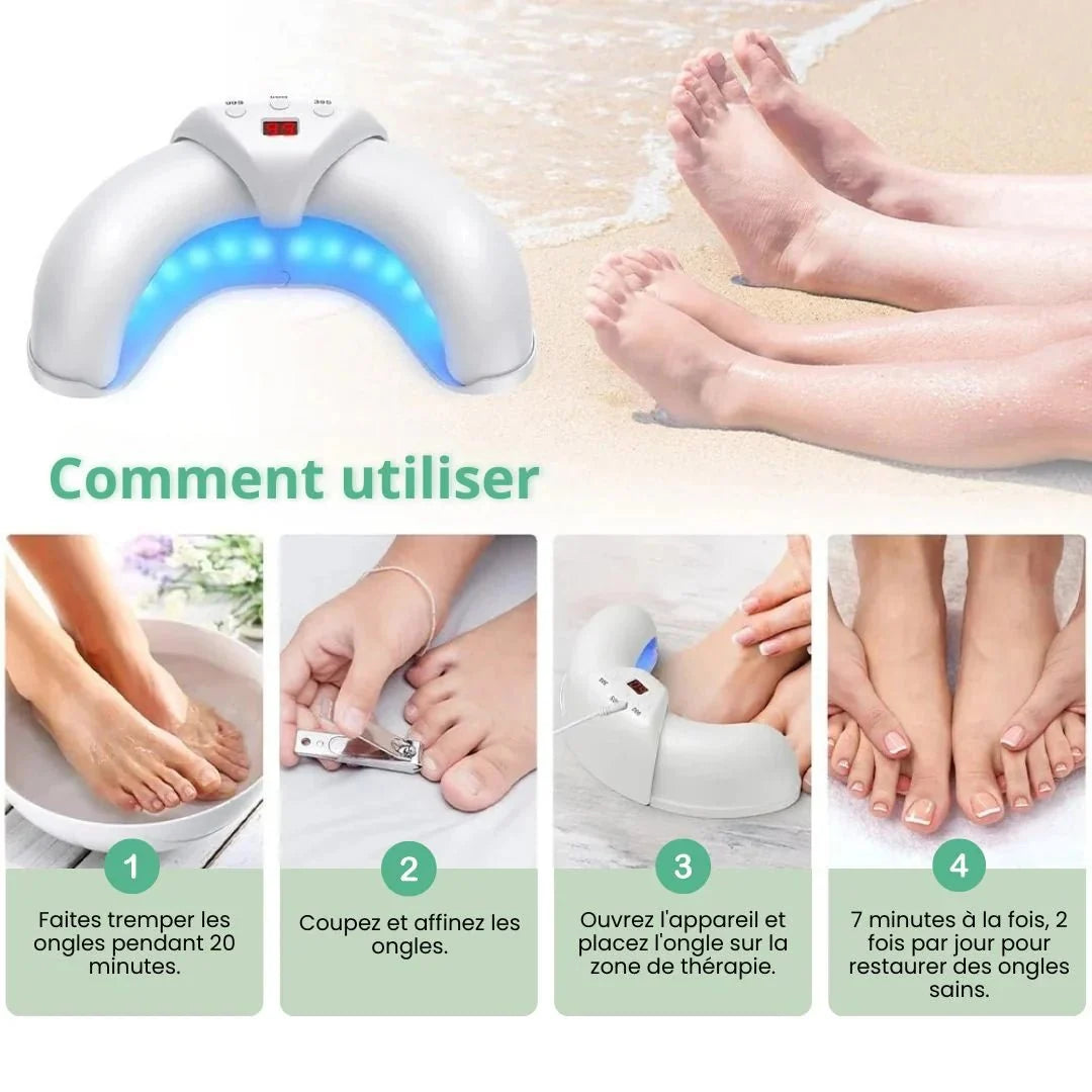 Handheld light therapy device held over the toenail to treat nail fungus
