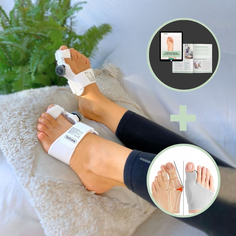 Adjustable bunion corrector strapped around the forefoot to draw the big toe straight