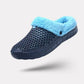 Clog-style winter slippers with a lined interior, in black, pink, blue, white and orange