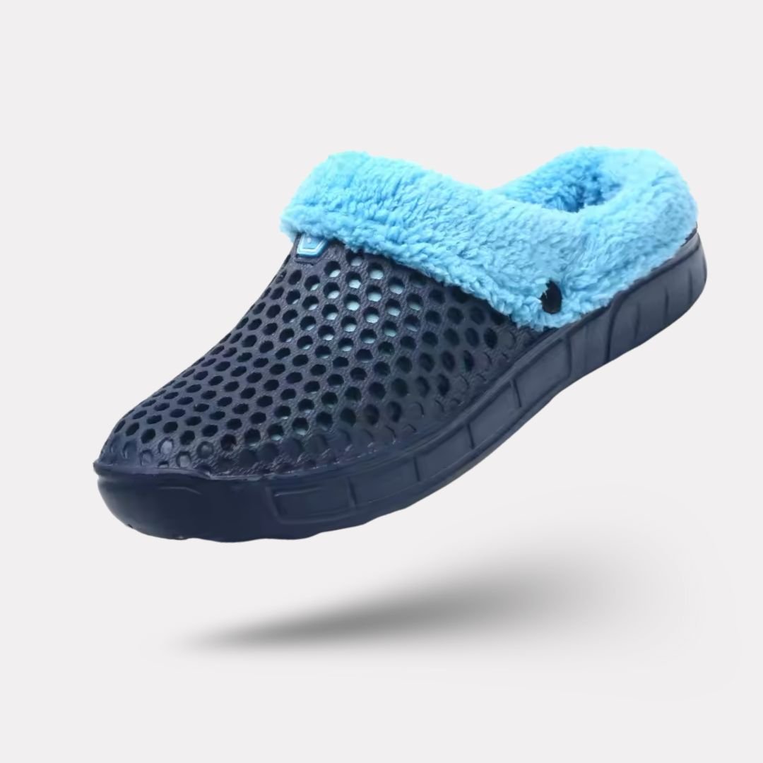 Clog-style winter slippers with a lined interior, in black, pink, blue, white and orange
