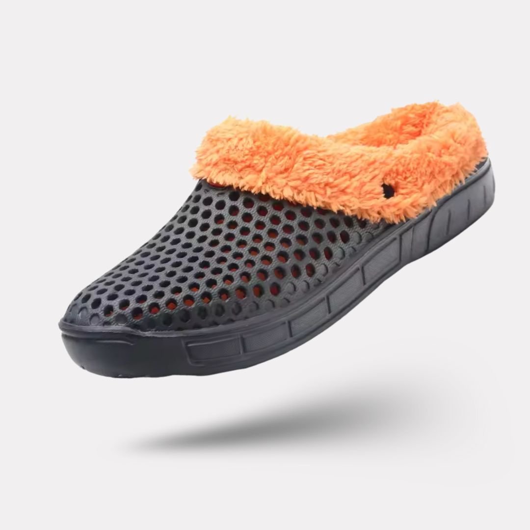 Clog-style winter slippers with a lined interior, in black, pink, blue, white and orange