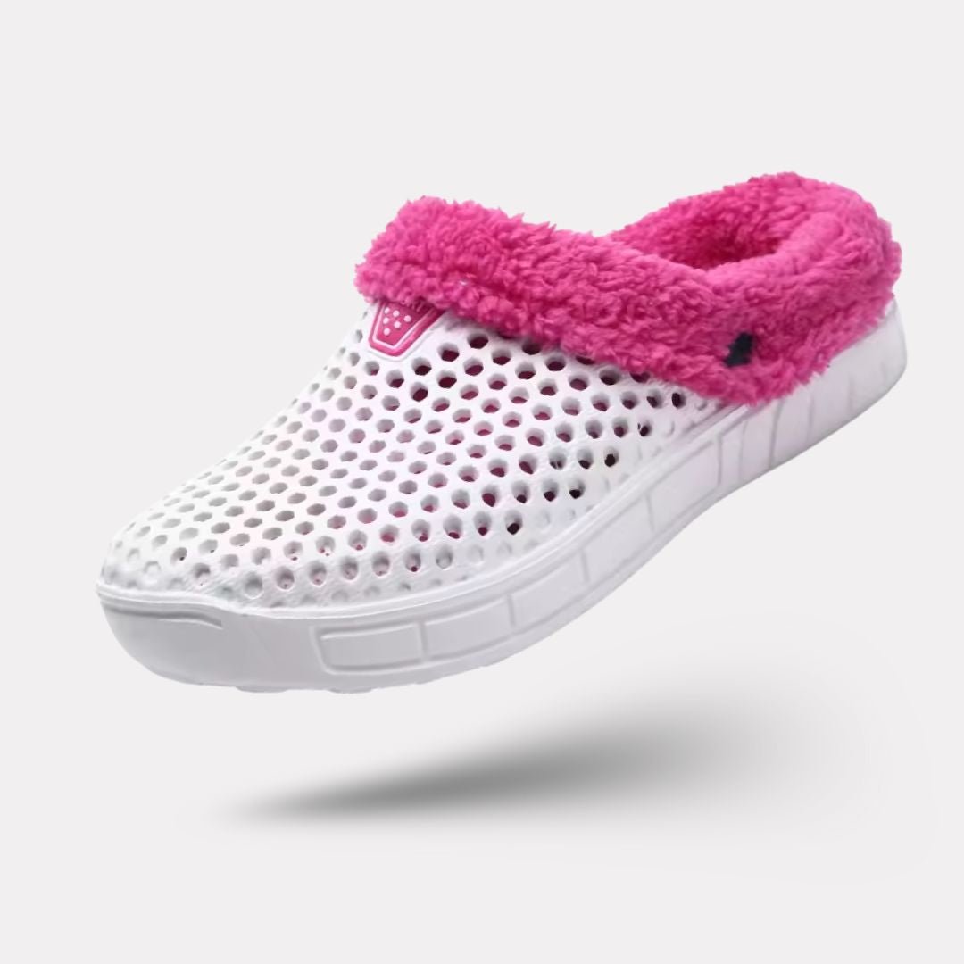 Clog-style winter slippers with a lined interior, in black, pink, blue, white and orange