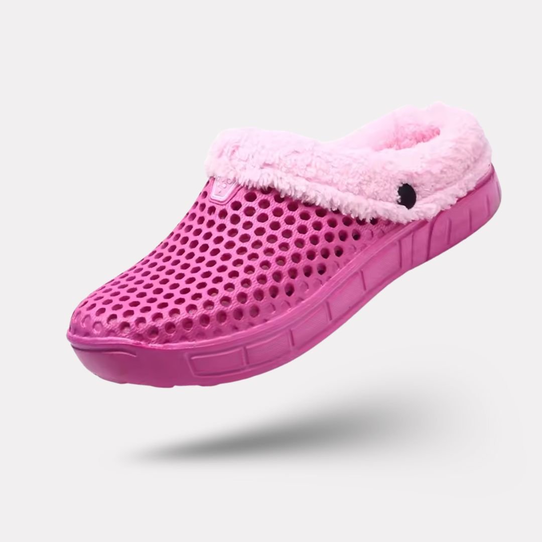 Clog-style winter slippers with a lined interior, in black, pink, blue, white and orange