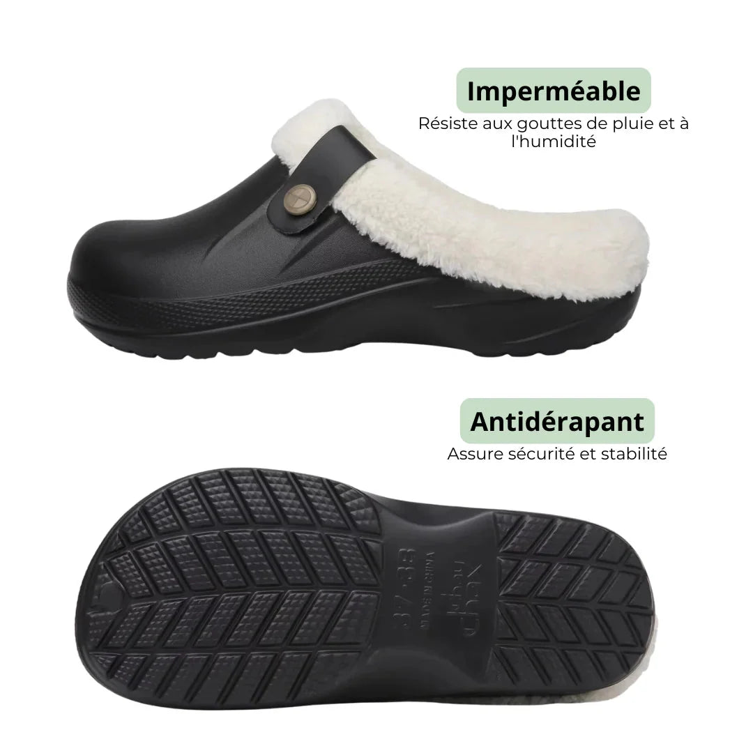 Fleece-lined winter slippers in white, light purple, light blue and black and brown